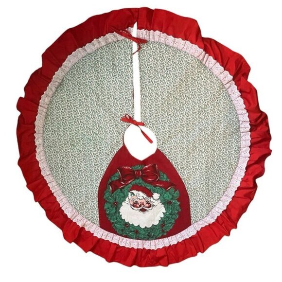 Vintage Christmas Tree Skirt Red White Santa Wreath Handmade Round Frilly 43”